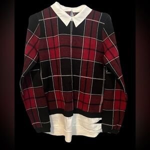 Tahari Red Plaid Collared Shirttail Hem Pullover Sweater Women's Size L